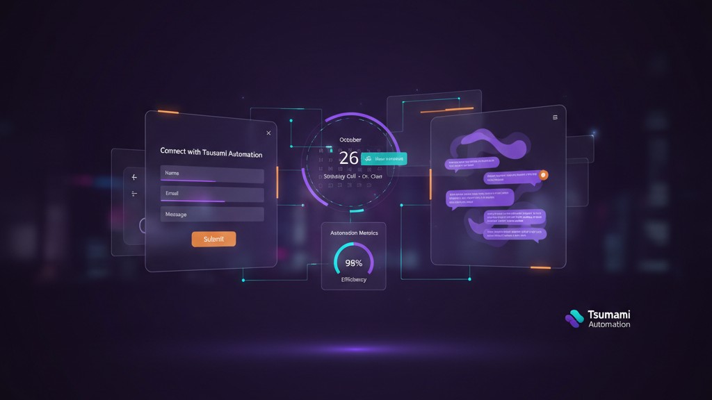 Unified Growth OS communication hub – holographic UI panels showing contact form, booked strategy call calendar, and automation pipeline dashboard with purple and teal accent lighting