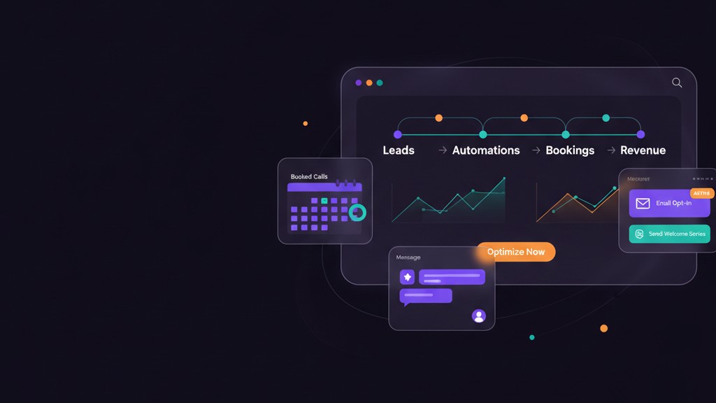 Unified Growth OS dashboard for service businesses showing leads, automations, bookings, and revenue pipeline with trending charts